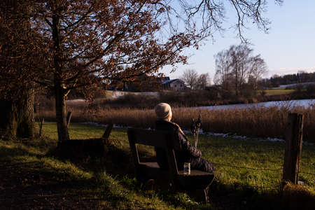 Ebersberg, Germany-March 10,2022 : Promenade along the Egglburger see (lake) along an alley of oaks in winter, a destination near Ebersberg, Upper Bavaria.のeditorial素材