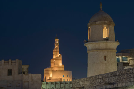 Doha, Qatar, April 22,2022: Night views of the traditional Arabic mosque architecture of Souq Waqif Market.のeditorial素材
