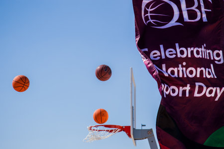 Doha ,Qatar-February 14,2016 : Local people enjoy basketball at an event organized for the celebration Qatar National Sport Day at The Pearl island In Doha.のeditorial素材