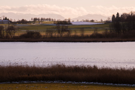 Ebersberg, Germany-March 10,2022 : The Egglburger see (lake) in winter, a destination near Ebersberg, Upper Bavaria.のeditorial素材