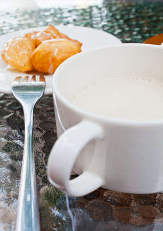 Breakfast milk and breadの写真素材