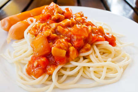 Spaghetti sauce and sausageの写真素材