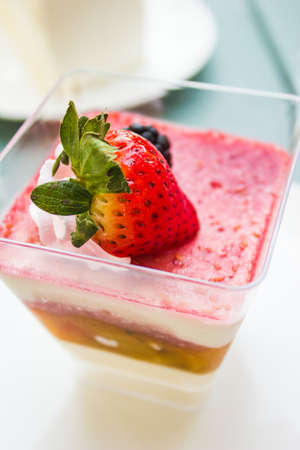 Strawberry cake on white plateの写真素材