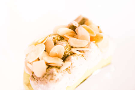 Almond cake on white backgroundの写真素材