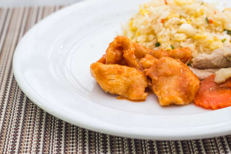 Stir fried chicken with rice on white dishの写真素材