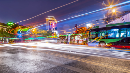 Night lights and fuzzy lights on urban building roadsのeditorial素材