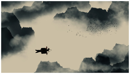 Landscape view of a boat in the lakeの写真素材