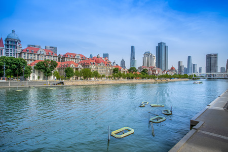 Architectural landscape along the coast of Haihe River in Tianjinの写真素材