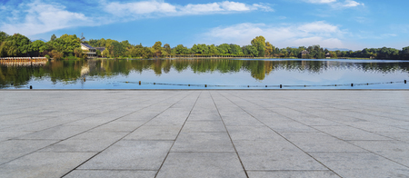 Empty marble floor and natural landscape under the blue skyの写真素材