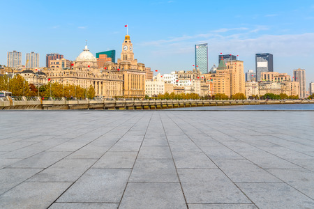 Empty square with skyline of commercial buildings in Chinaのeditorial素材