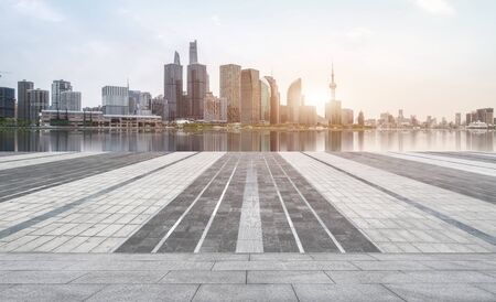 Floor tiles and Shanghai city buildings skyline