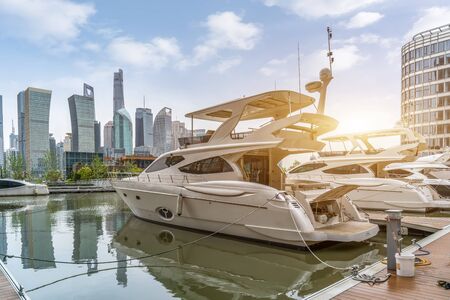 Shanghai Bund High-rise Building and Yacht Marinaの写真素材
