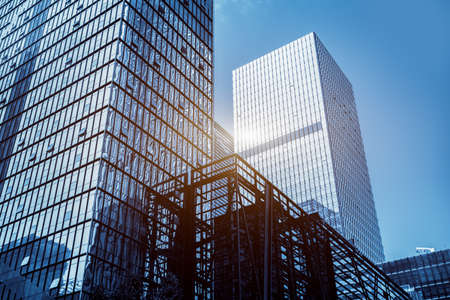 Looking up at the skyscraper facade in city of Chinaのeditorial素材