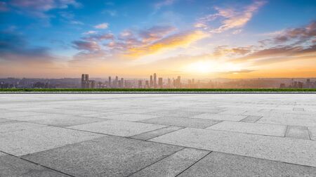 Square tiles and city skylineの写真素材