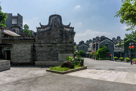 Guangzhou, China-September 17, 2019: Traditional Chinese shops and buildings in Lingnan Impression Park, a famous tourist destination in Guangzhou.のeditorial素材