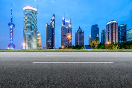 Urban road ground and modern buildingsの写真素材