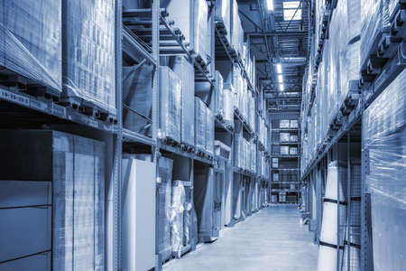 Goods on shelves of distribution center warehouseのeditorial素材