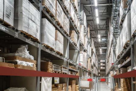 Goods on shelves of distribution center warehouseのeditorial素材