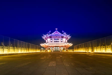 Night view of ancient buildings in Didang Lake Urban Leisure Park, Shaoxing, Zhejiangの写真素材
