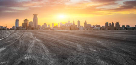 Highway skyline and office buildingsの写真素材