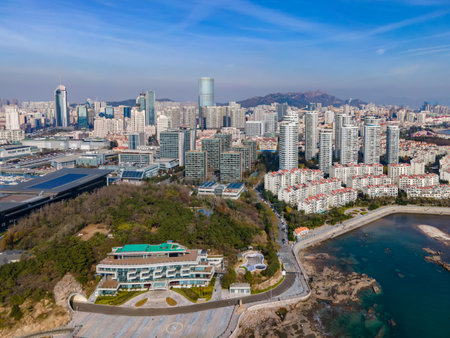 Aerial photography of Qingdao Bay coastline architectural landscapeの写真素材