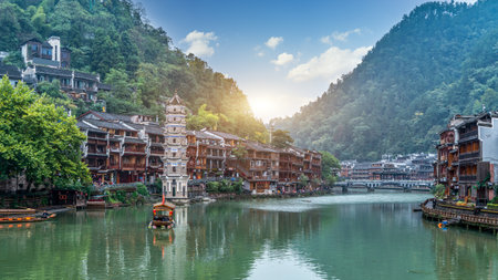 Aerial photography of ancient architecture landscape in Fenghuang ancient cityの写真素材