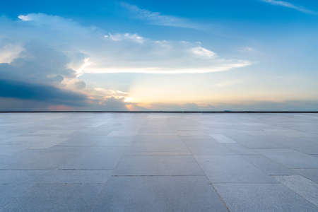 Road ground and blue sky and white cloudsの写真素材