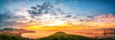 Aerial photography of island scenery and evening sunsetの写真素材