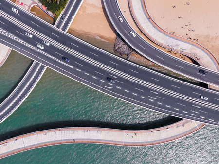 Aerial photography of Xiamen coastline city road overpassの写真素材