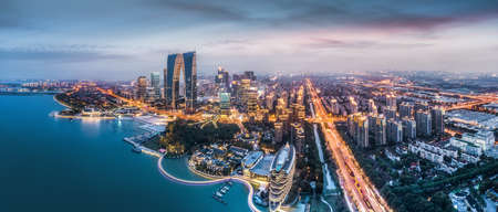 Aerial photography of Suzhou Jinji Lake city architecture night view