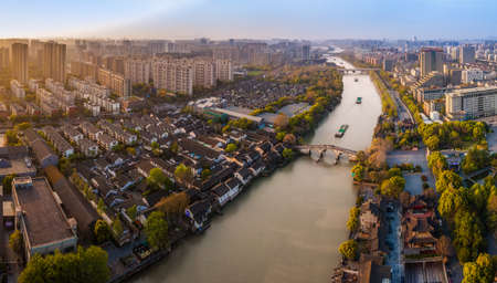 Aerial photography of Gongchen Bridge in the ancient town of Hangzhou Grand Canalの写真素材