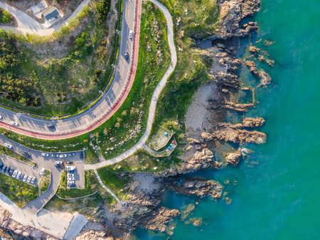 Aerial photography of highways on the islands and reefs on the west coast of Qingdaoの写真素材