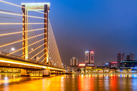 Architectural landscape night view of the Old Bund in Sanjiangkou, Ningbo