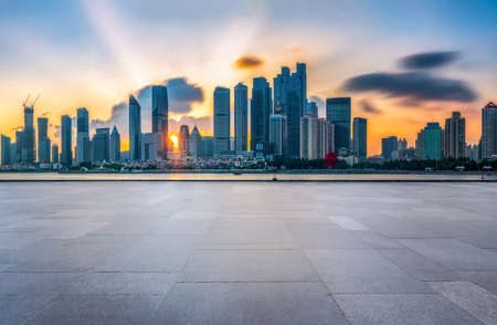Urban road ground and financial district buildings