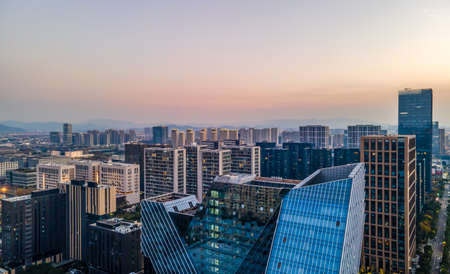 Aerial photography of the architectural landscape and skyline of Ningbo Financial Centerの写真素材