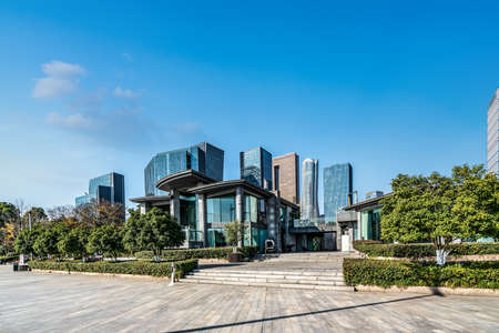 Modern architectural landscape by the Qiantang River in Hangzhou