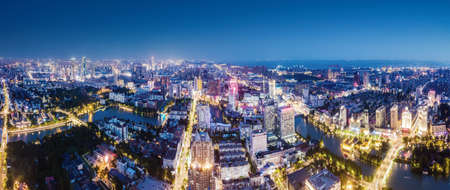 Aerial photography of the city night view of Nantong, Jiangsuの写真素材