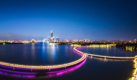 Aerial photography of Suzhou city night view of Jinji Lake trail
