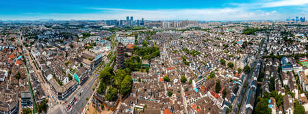 Aerial photography of the temple pagoda in the old city of Suzhou