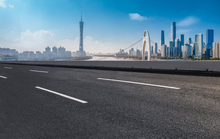Asphalt ground and urban building landscapeの写真素材