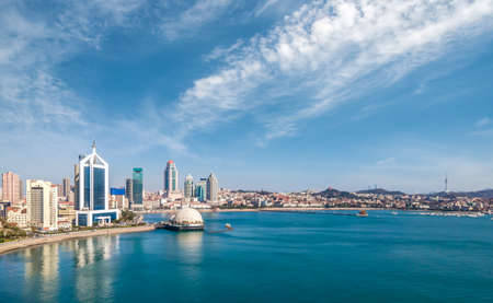 Aerial photography of Qingdao Qianhai first-tier city scenery panoramaの写真素材