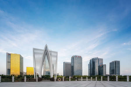 Street view of modern buildings in Zibo Central Business Districtの写真素材