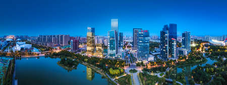 Aerial photography of Zibo Financial Center building landscape skylineの写真素材