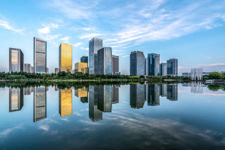 Street view of modern buildings in Zibo Central Business Districtの写真素材