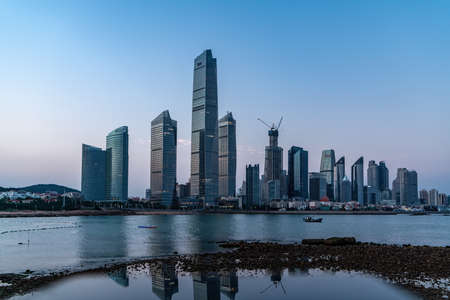 Qingdao coastline buildings landscape and sunsetの写真素材