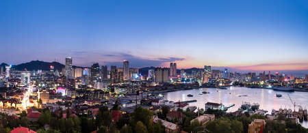 Aerial photography of Yantai city landscape at nightの写真素材