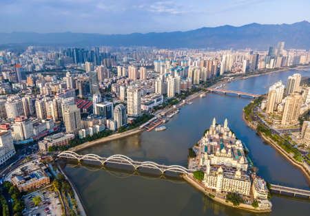 Aerial photography close-up of urban architectural landscape of Zhongzhou Island, Fuzhouの写真素材