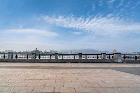 Outdoor plaza brick floor and city viewの写真素材