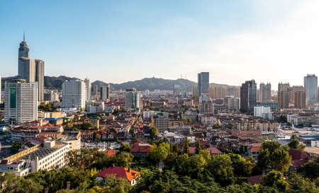 Aerial photography of Yantai city coastline scenery large formatの写真素材