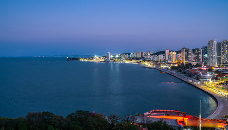 Aerial photography of Yantai city coastline scenery large formatの写真素材